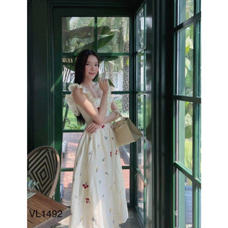 Đầm lụa hoa cổ vuông phối bèo dáng tiểu thư xòe cực dễ thương đáng yêu