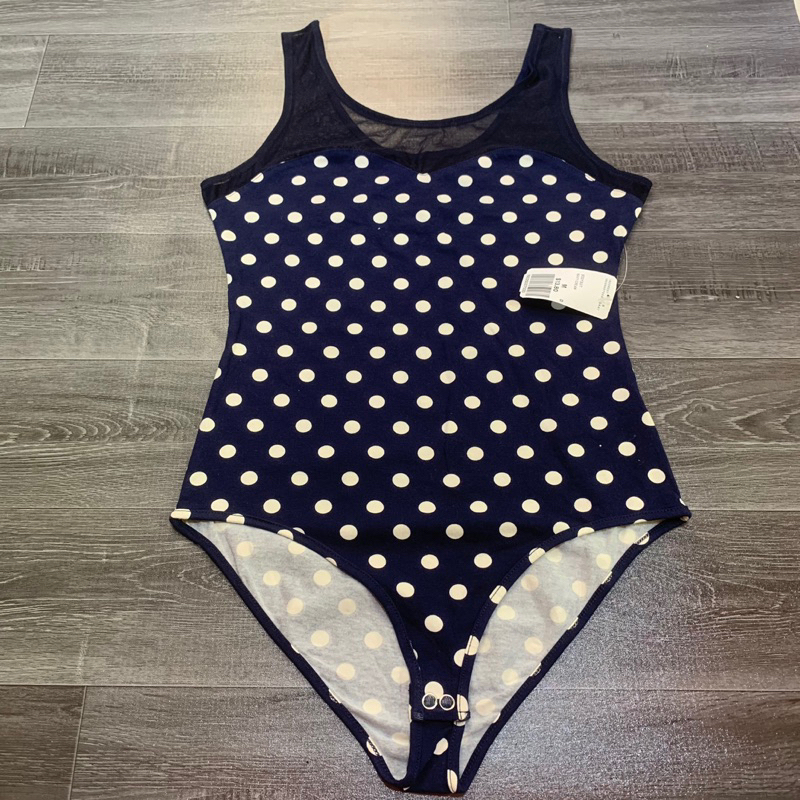 Bodysuits F21 VNXK Ba Lỗ Xanh Navy Chấm Bi Trắng Thun Cotton Pha Lưới - Size M