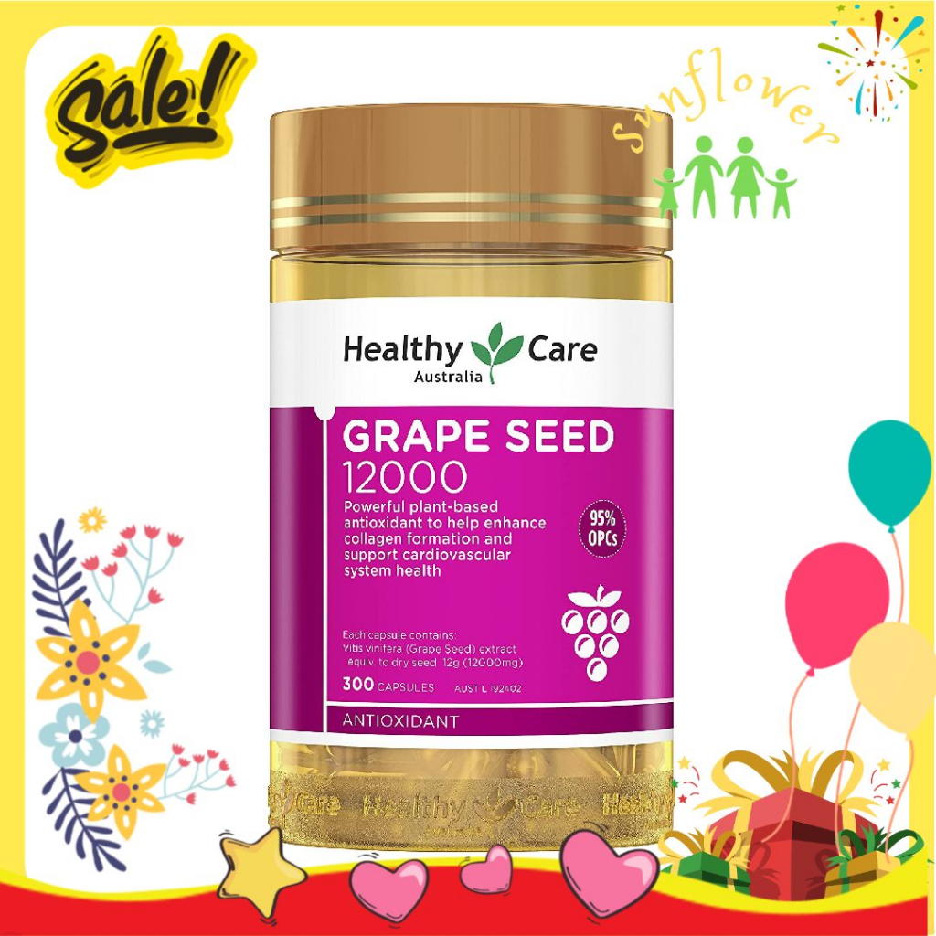 Viên uống tinh chất hạt nho lưu thông khi huyết Healthy Care Grape Seed 12000mg 300 Viên Hỗ Trợ Hệ Thống mạch Máu