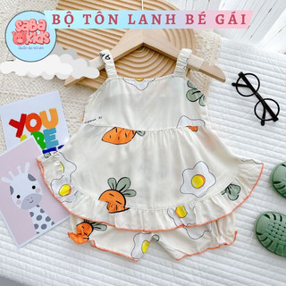 Bộ Đồ Cho Bé Gái SABAKIDS Mặc Nhà Xinh Xắn Mỏng Mát Chất Tole Lanh Nút Vai Tôn Lanh