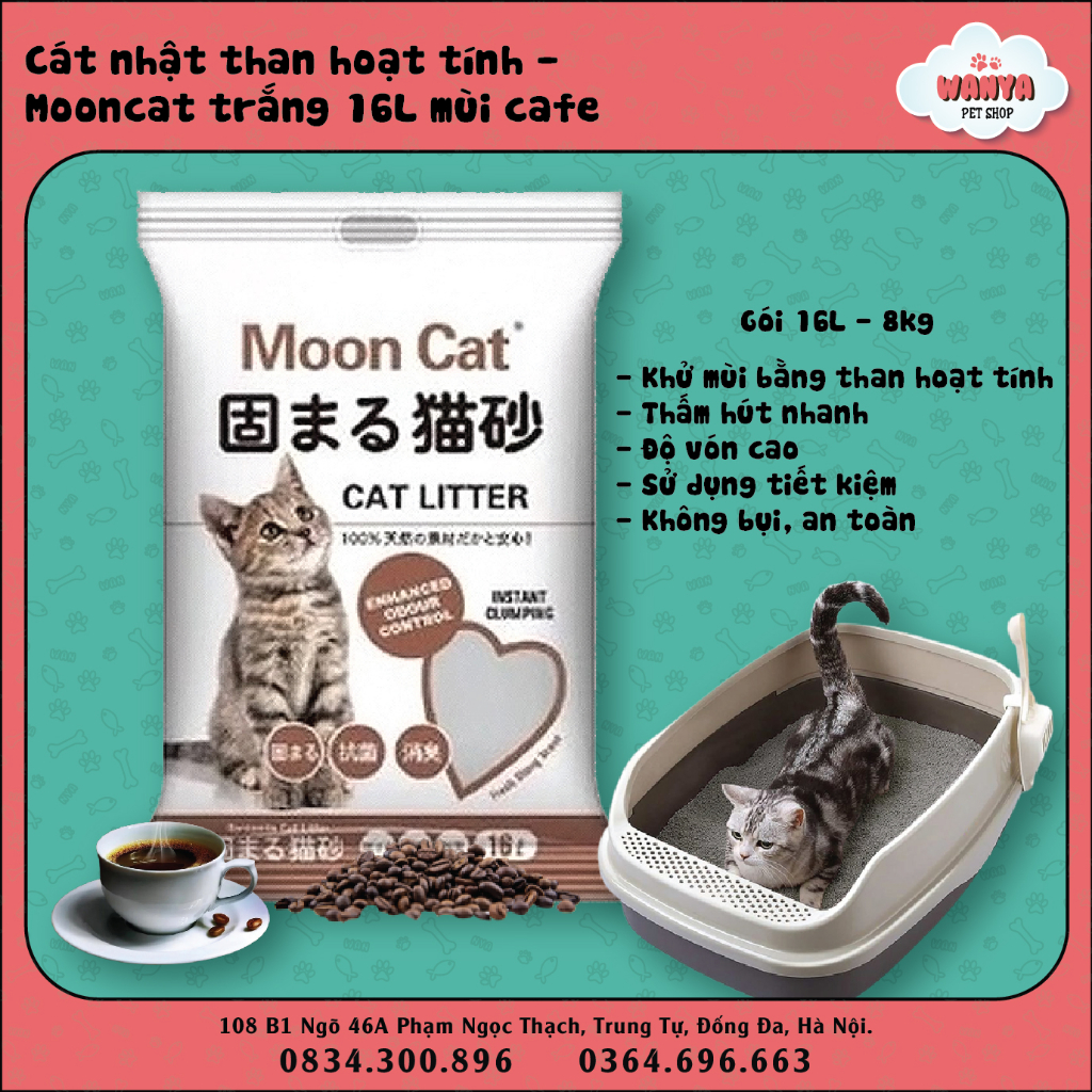 Cát nhật than hoạt tính - Mooncat trắng mùi Cafe 16L - sỉ vệ sinh cho mèo | Wanya Pet Shop