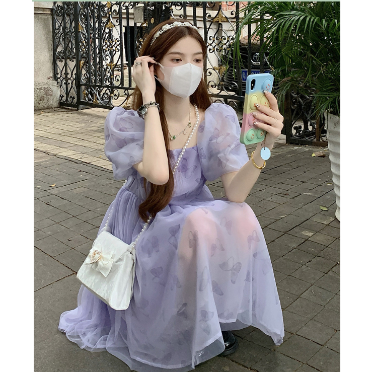Váy đầm nữ babydoll voan dáng xòe phồng họa tiết bướm xinh xắn bánh bèo tiểu thư hàn quốc