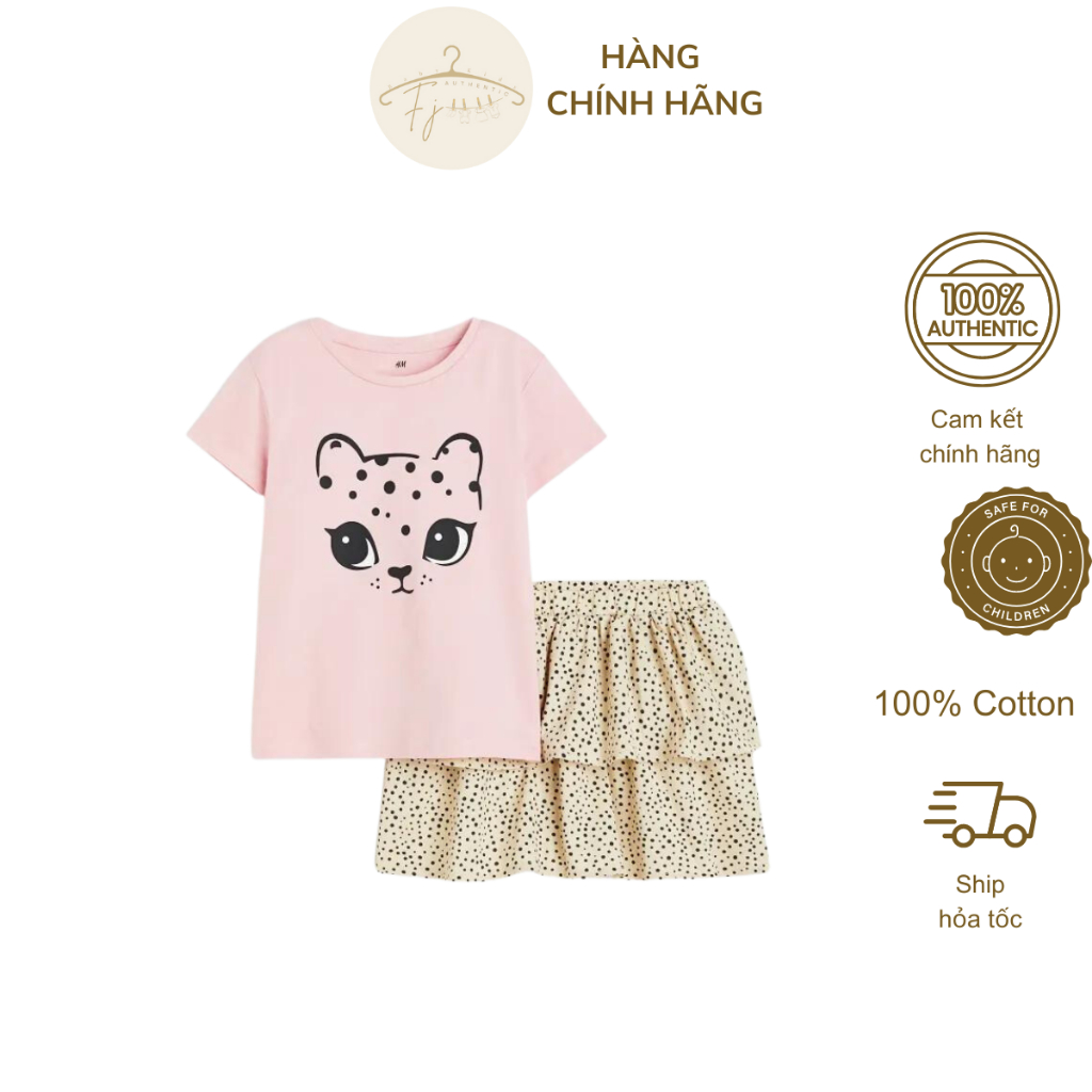Sét bộ váy bé gái chính hãng HM, đồ bộ chân váy beo kèm áo thun họa tiết báo chất cotton đẹp cho bé 2 đến 10 tuổi Auth