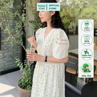 Đầm hoa nữ đi biển cotton thêu boi phối ren siêu xinh TOHOSTORE, đầm hoa đi biển phom rộng bầu bì bon chen thoải mái