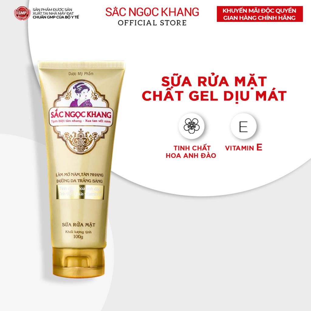 Sữa Rửa Mặt Sắc Ngọc Khang 100g công thức Gel dịu mát + hạt tinh thể vitamin E giúp làm sạch dịu nhẹ & không làm khô da