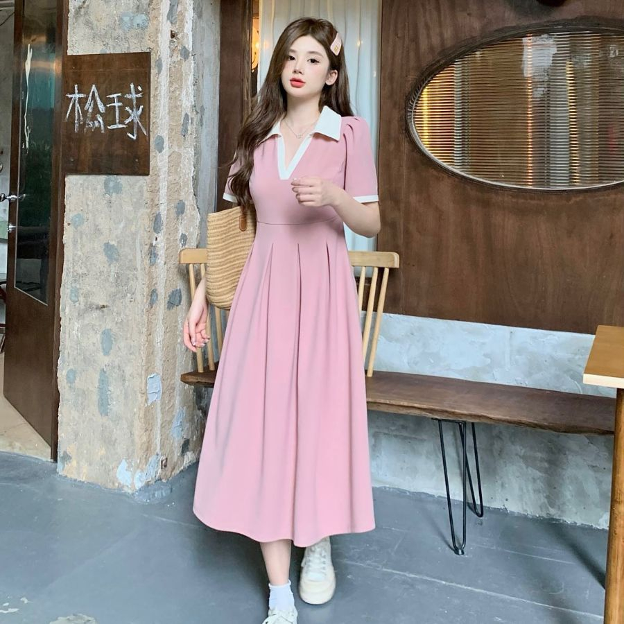 Đầm ôm Bigsize CÔ NHỎ nữ dáng dài  xòe cổ bẻ chất vải thun gân cho nàng Chuppy từ 60-95kg - G94