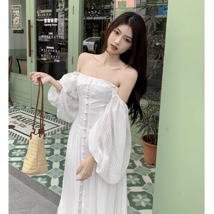 Váy/Đầm Dáng Dài Mùa Hè Đi Biển Cổ Thuyền Ống Tay Phồng Phong Cách Quý Cô - Sốp Nhỏ Order Taobao