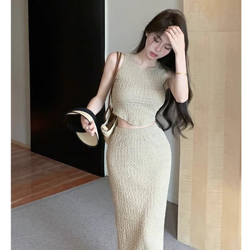 Set/Bộ Áo Sát Nách Cổ Tròn Croptop Kèm Chân Váy Dáng Dài Xẻ Tà Vải Xốp - Sốp Nhỏ Order Taobao