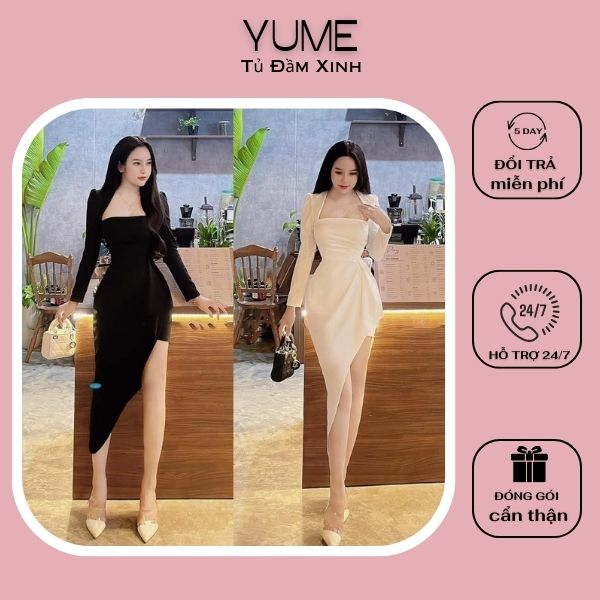 Đầm Body Tà Xéo Tay Dài Xếp Ly - YUME Y0646