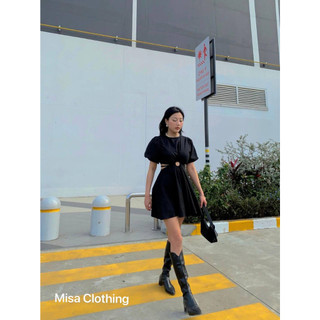 Váy đầm nữ cộc tay buộc nơ lưng, hở eo màu đen, trắng size S-XL dáng xòe ngắn chun eo hàng thiết kế