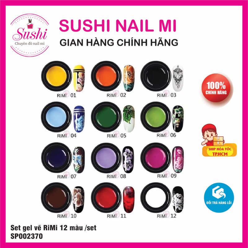 Set gel vẽ 12 màu Rimi, vẽ hoạt hình, design móng  - Sushi nail mi