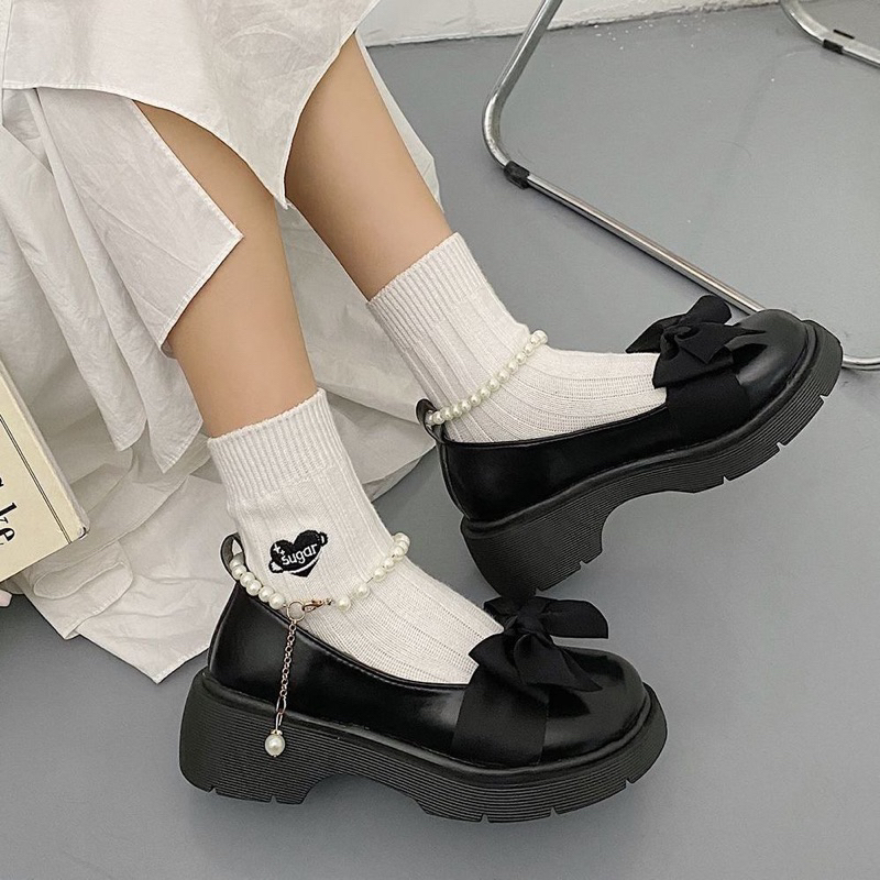 Giày Lolita Nữ Quai Ngọc BUỘC NƠ Cao Cấp - Giày búp bê nữ đế độn 4 phân 2 màu siêu hót