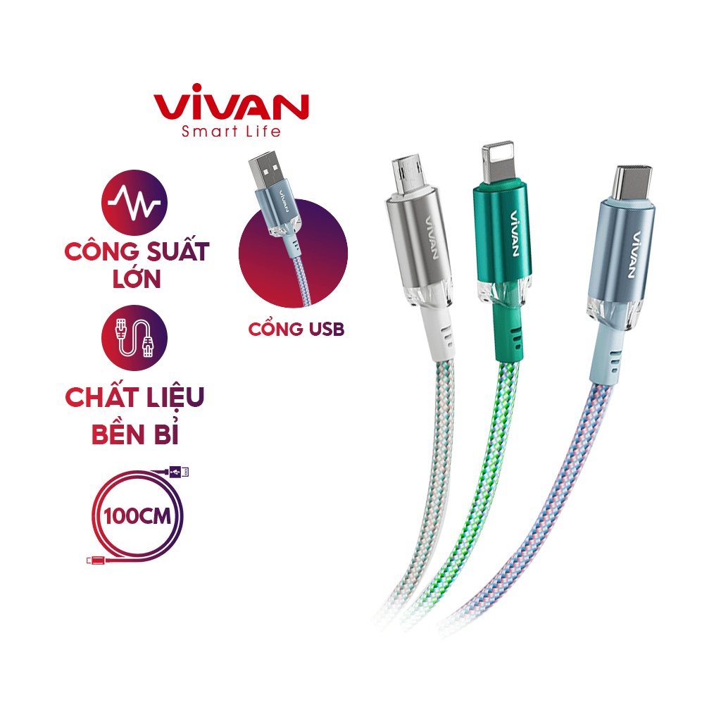 Cáp Sạc Nhanh VIVAN TypeC/Light/MicroUSB -  VXC100S/VXL100S/VXM100S 100cm, 3A/2.4A - BẢO HÀNH 12 THÁNG