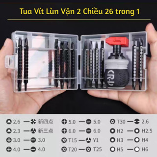 Tua Vít Tay Lùn Có TRỢ LỰC Vặn Cóc Tự Đảo Chiểu Chống Trượt Thân Thép CRV Siêu Cứng Có Nam Châm, Hộp Tô Vít Đa Năng