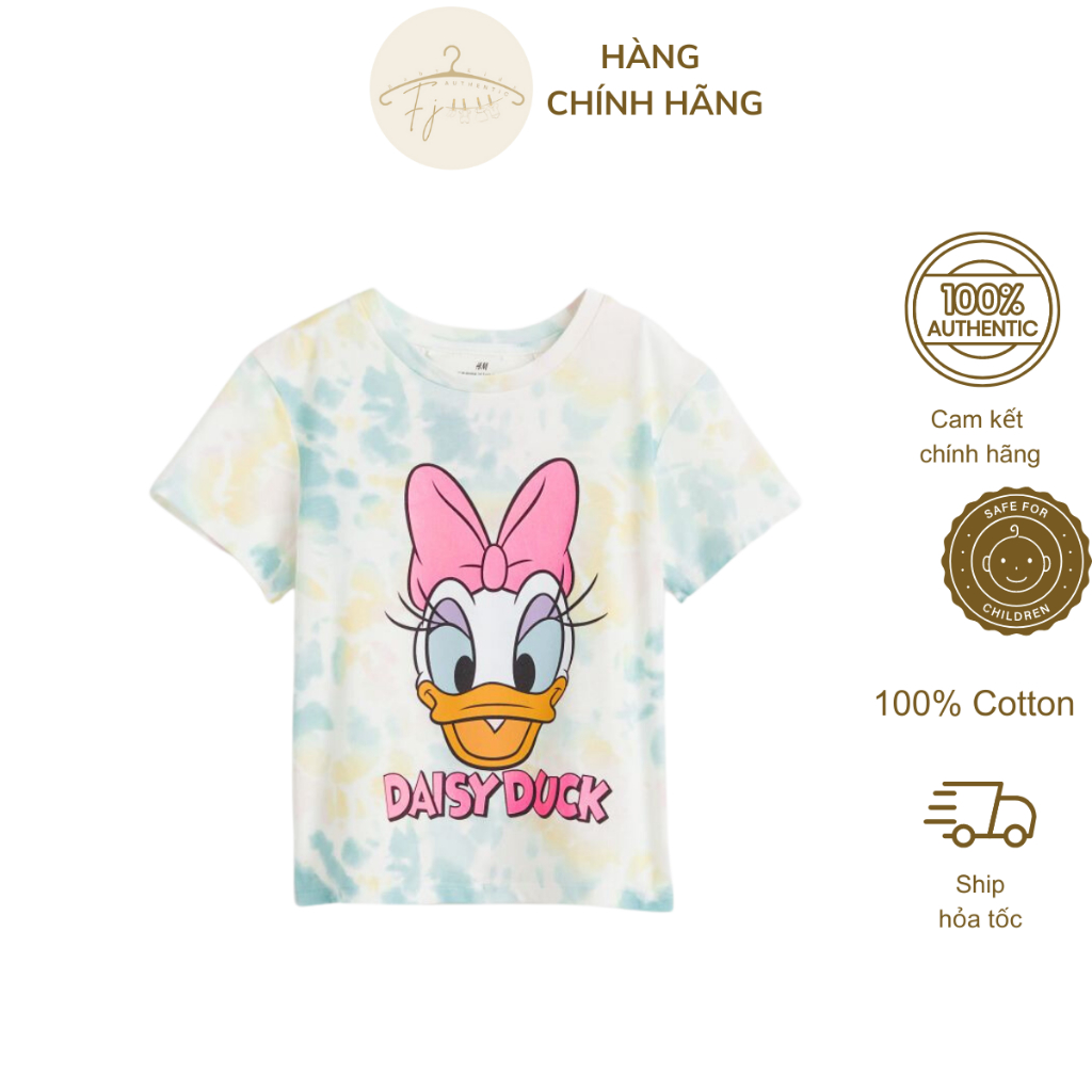Áo thun bé gái chính hãng HM, áo phông ngắn tay họa tiết vịt daisy chất cotton đẹp cho bé 18 tháng đến 10 tuổi Auth