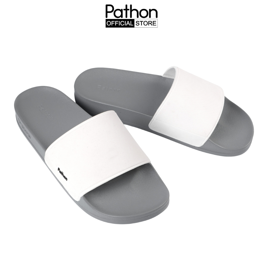 Dép nam nữ quai ngang slipper Pathon PVC và đế PU xám quai trắng Mẫu SD64