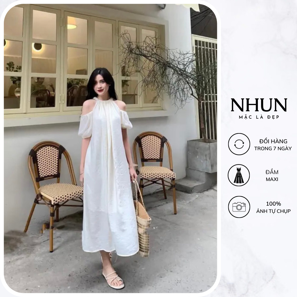 Váy suông nữ dáng dài NhunFashion Đầm maxi thiết kế cổ chun khoét vai chất đũi nhăn mềm mịn mát N93