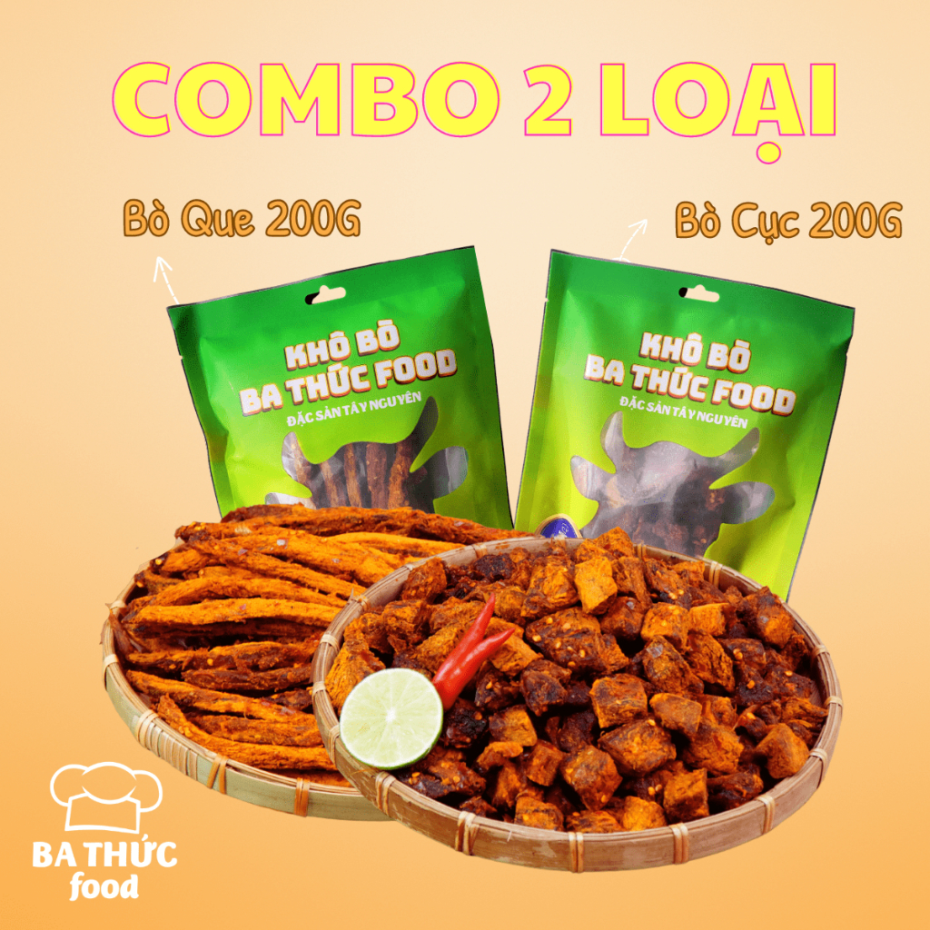 Combo 200G Bò Cục + 200G Bò Que Ba Thức Food, chuẩn đặc sản Tây Nguyên, thích hợp để làm đồ ăn vặt
