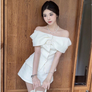 [NEW ARRIVAL] Set áo tweed trễ vai tiểu thư + chân váy tặng kèm hoa cài •JENNACLOTHING