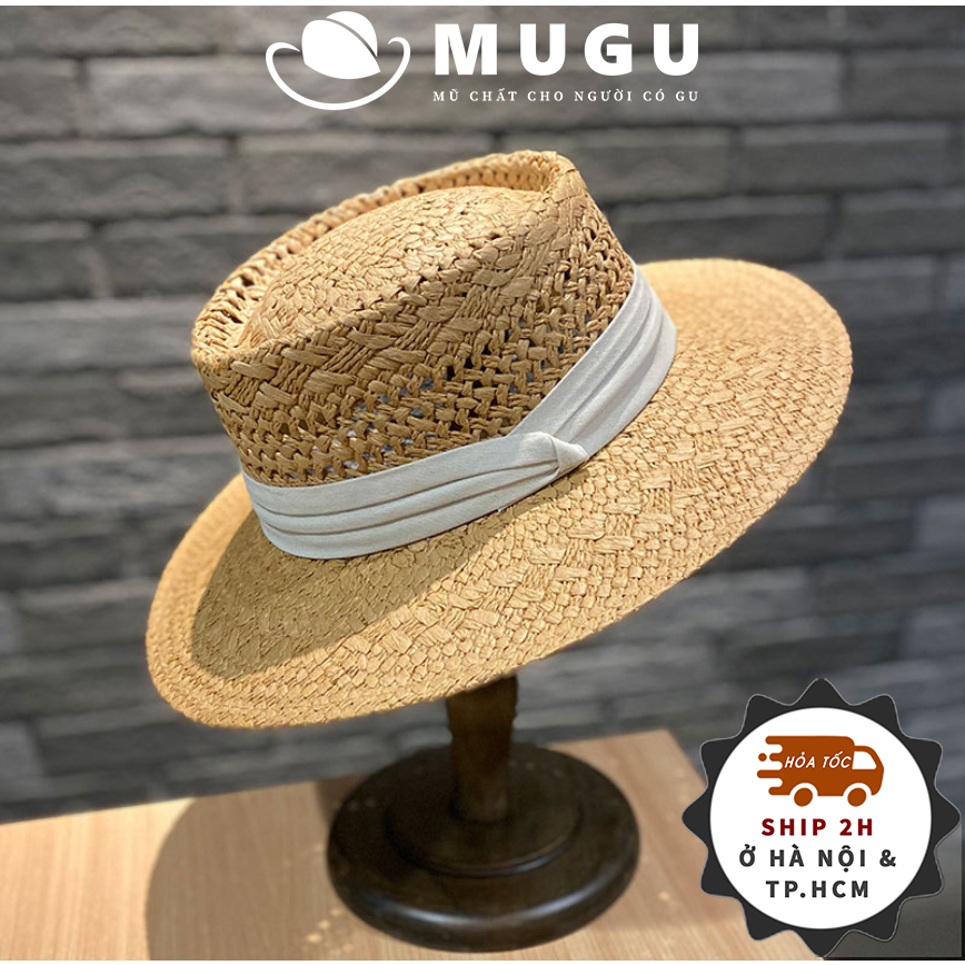 Mũ Cói Vân Nhỏ Nữ Đan Rộng Vành MC48 Tự Nhiên Cao Cấp Mugout - Nón Phớt Nữ Đi Biển Rộng Vành Chất Cói Chống Nắng