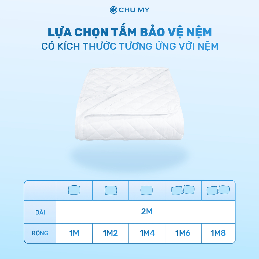 Tấm bảo vệ nệm CHU MY chất liệu 100% polyester, 3 lớp chần bông kiểu ô vuông, hạn chế thấm nước và bụi bẩn