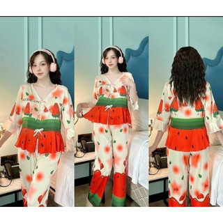 [ẢNH THẬT +VIDEO] bộ lụa xước tay loe cổ V thiết kế 5D
