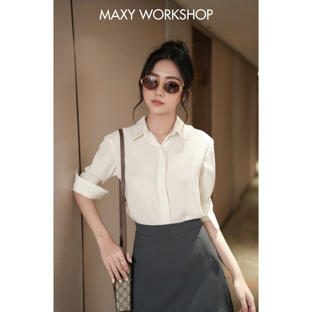 Áo sơ mi nữ tay dài kiểu dáng cơ bản white basic shirt Maxy Workshop
