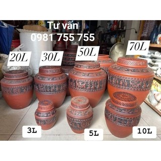 Chum Gốm Bát Tràng 10L_Bình ngâm rượu hàng Cao Cấp Đắp Nổi Họa tiết Trống Đồng