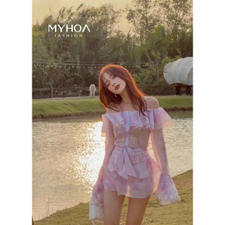 MYHOA| Avena Dress Voan Tơ Trễ Vai Vân Hoa Tím Mộng Mơ TKCC