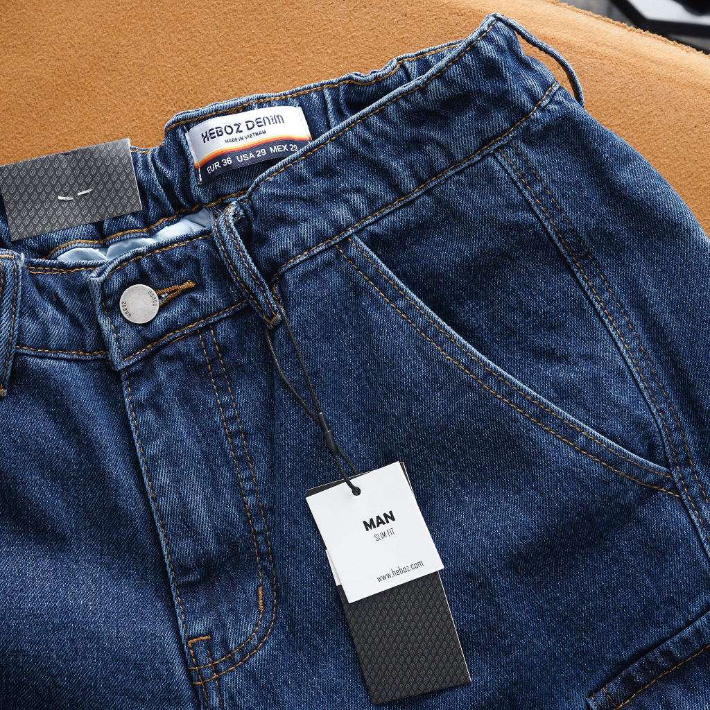 Quần short jean nam có túi hộp lưng thun Heboz 3M cao cấp - 00001620