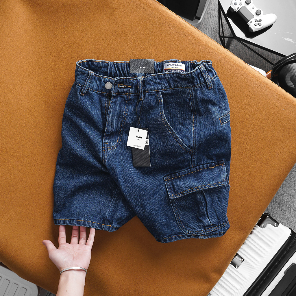 Quần short jean nam có túi hộp lưng thun Heboz 3M cao cấp - 00001620