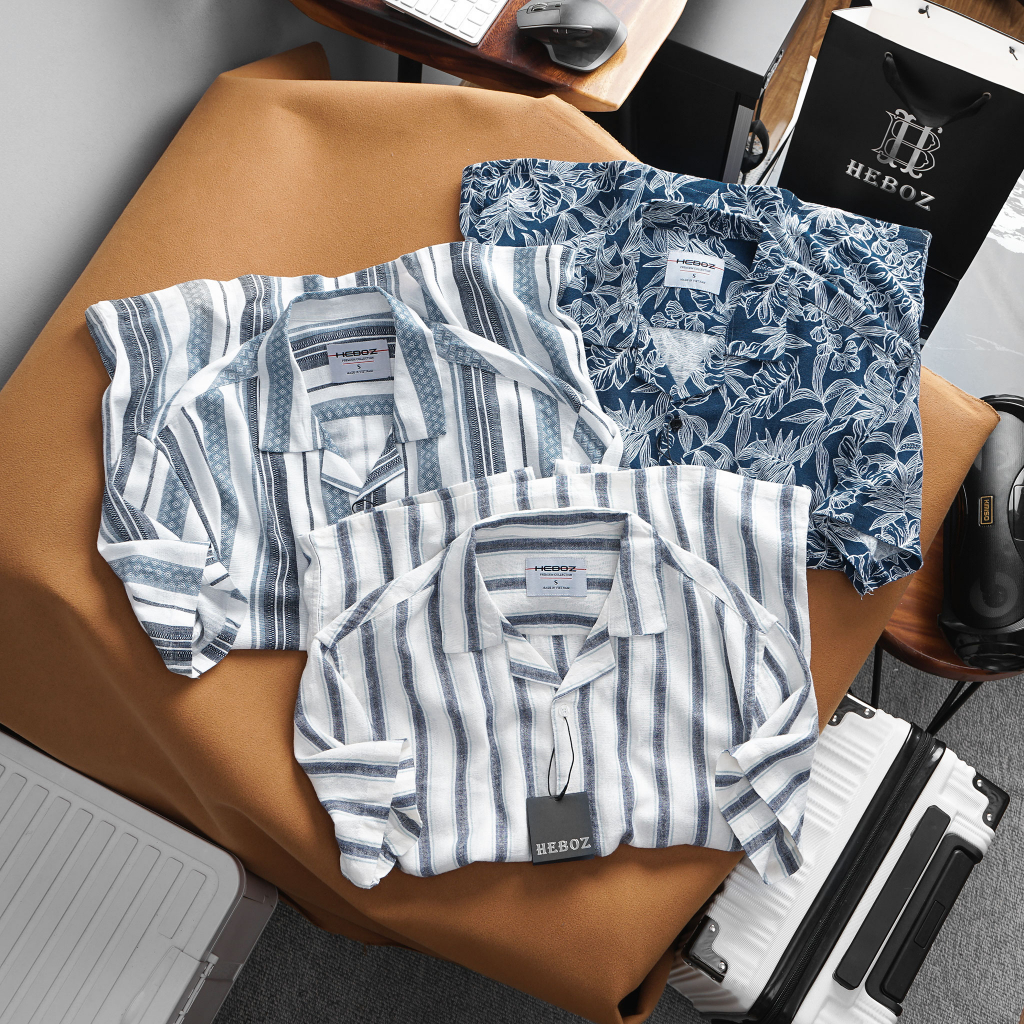 Áo sơ mi nam ngắn tay linen Stripe cổ V Heboz 2M cao cấp - 00001646