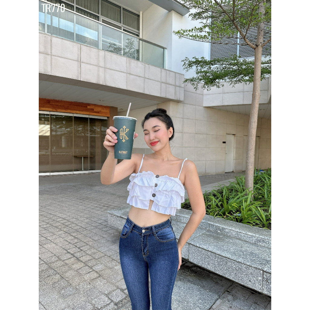 Quần jeans nữ ôm trơn màu xanh đậm cạp 1 nút TR770