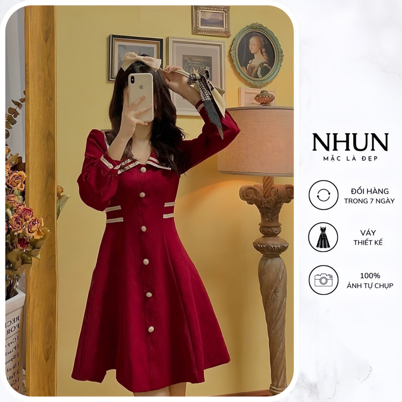 Váy thiết kế cao cấp dài tay NhunFashion Đầm tiểu thư đỏ tươi tắn phối ren ngọc phù hợp đi lễ tết và dịp giáng sinh N56