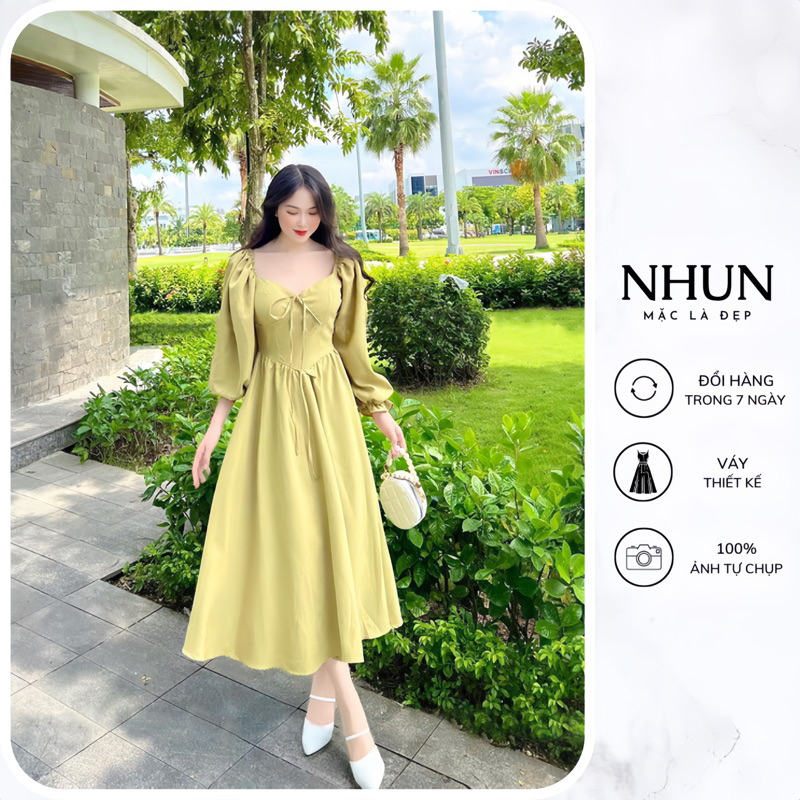 Váy thiết kế dáng dài cao cấp NhunFashion Đầm nữ cúp ngực nơ tay bồng tôn dáng tiểu thư thanh lịch N50