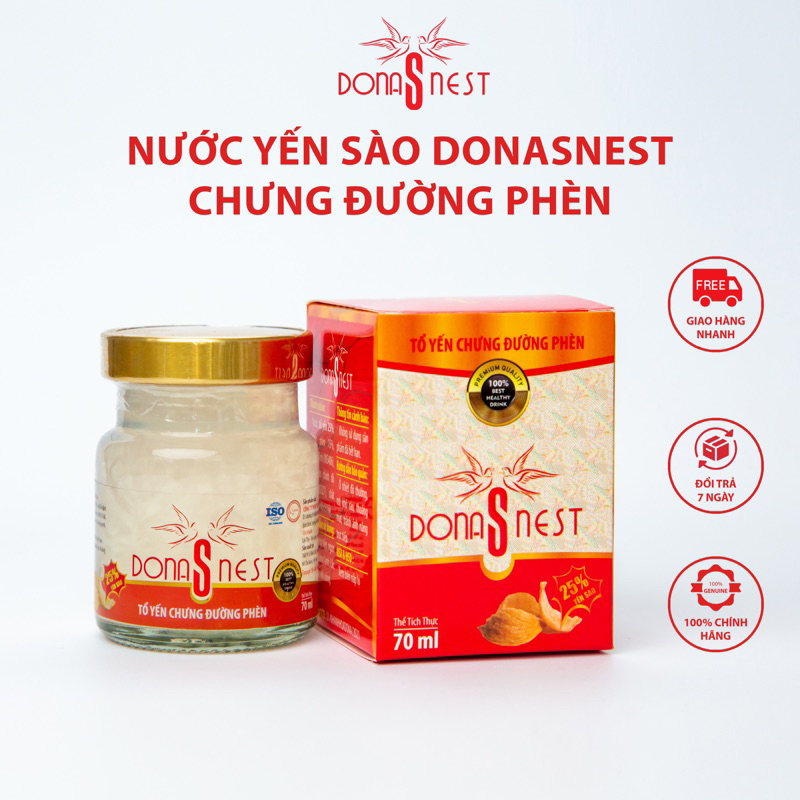 Nước Yến Sào Donasnest Chưng Đường Phèn Nguyên Liệu Cao Cấp 25% Tổ Yến Thật 70ml