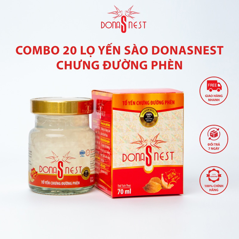 Combo 20 Lọ Yến Sào Donasnest Chưng Đường Phèn Giúp Tái Tạo Da, Ngăn Ngừa Nếp Nhăn Chống Lão Hóa Lọ 70ml
