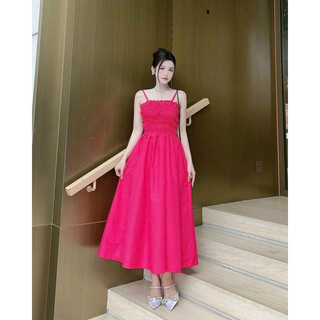 Đầm thời trang nữ mặc đi chơi 2dây chạy chỉ thun nhún cột dây lưng váy xoè dáng dài chất vải LỤA 100D,