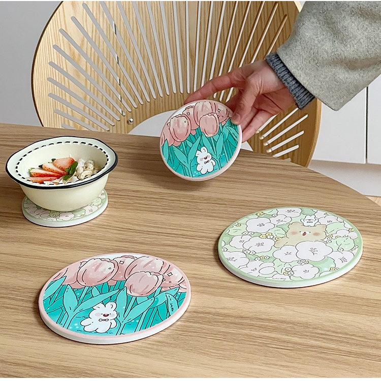 Tấm Đựng ly, cốc làm bằng đá thấm hút nước hoạ tiết hoạt hình dễ thương phong cách Hàn Quốc