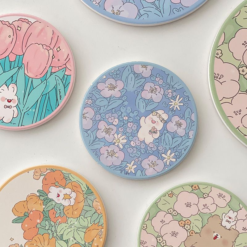 Tấm Đựng ly, cốc làm bằng đá thấm hút nước hoạ tiết hoạt hình dễ thương phong cách Hàn Quốc