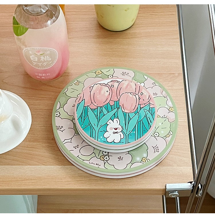 Tấm Đựng ly, cốc làm bằng đá thấm hút nước hoạ tiết hoạt hình dễ thương phong cách Hàn Quốc