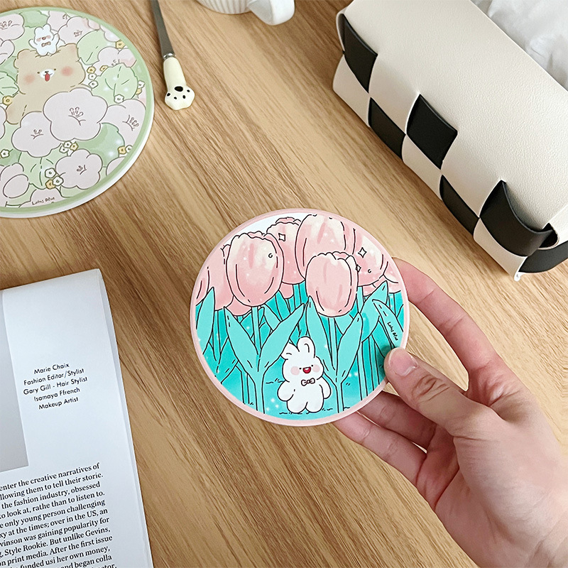 Tấm Đựng ly, cốc làm bằng đá thấm hút nước hoạ tiết hoạt hình dễ thương phong cách Hàn Quốc