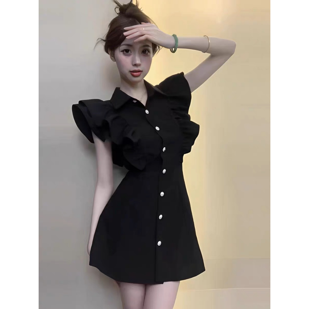Váy sơ mi dáng ngắn bánh bèo phối tay bèo cánh tiên cúc ngọc tiểu thư sexy