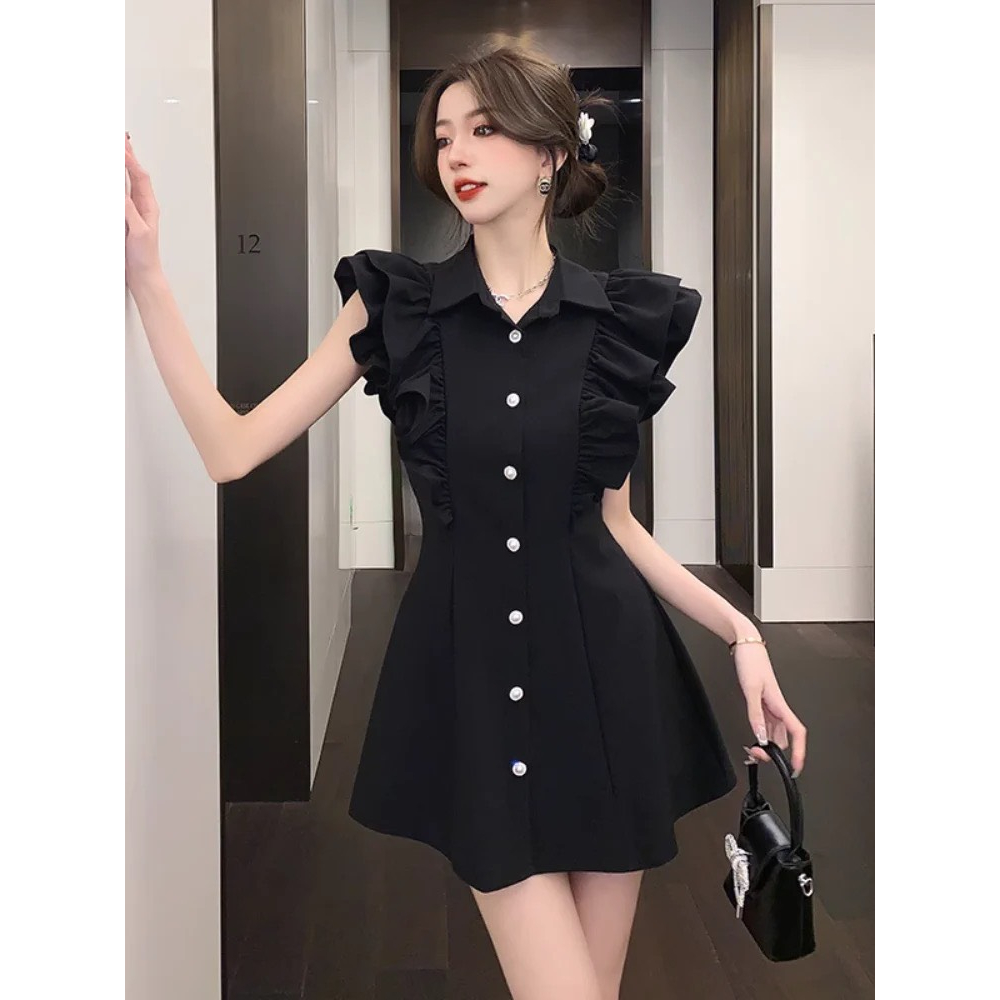 Váy sơ mi dáng ngắn bánh bèo phối tay bèo cánh tiên cúc ngọc tiểu thư sexy
