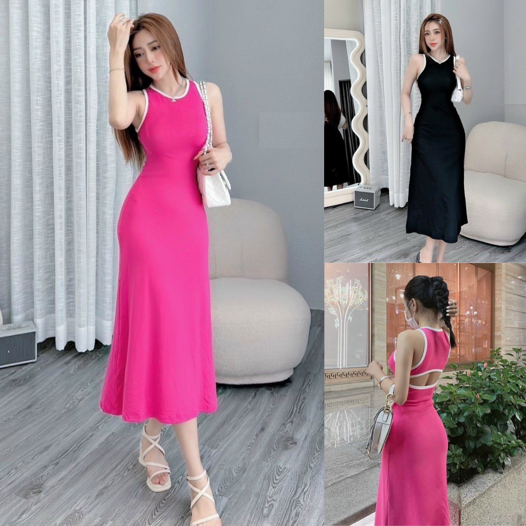 Đầm viền sát nách khoét lưng phom dài dáng xoè chất thun gân co giãn MBB75