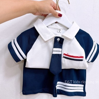 Bộ Cộc Tay Bé Trai, Bộ Polo Phối Kẻ Có Cà Vạt Xịn Sò Cho Bé Trai Từ 8 - 25kg
