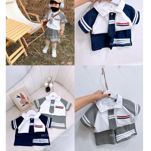 Bộ Cộc Tay Bé Trai, Bộ Polo Phối Kẻ Có Cà Vạt Xịn Sò Cho Bé Trai Từ 8 - 25kg