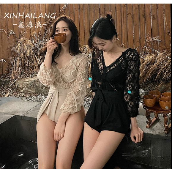 Monokini Hàn Quốc, Bikini ren hoa nude, đen kèm áo ngực rời đồ bơi sang chảnh, tay dài chống năng, Bikibiki siêu xịn