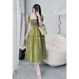 Váy Maxi Đũi Tơ Tay Bồng Bo Chun Ngực Ôm Eo Đầm Suông Trơn Nữ Dáng Dài Có Lớp Lót Trong Freesize