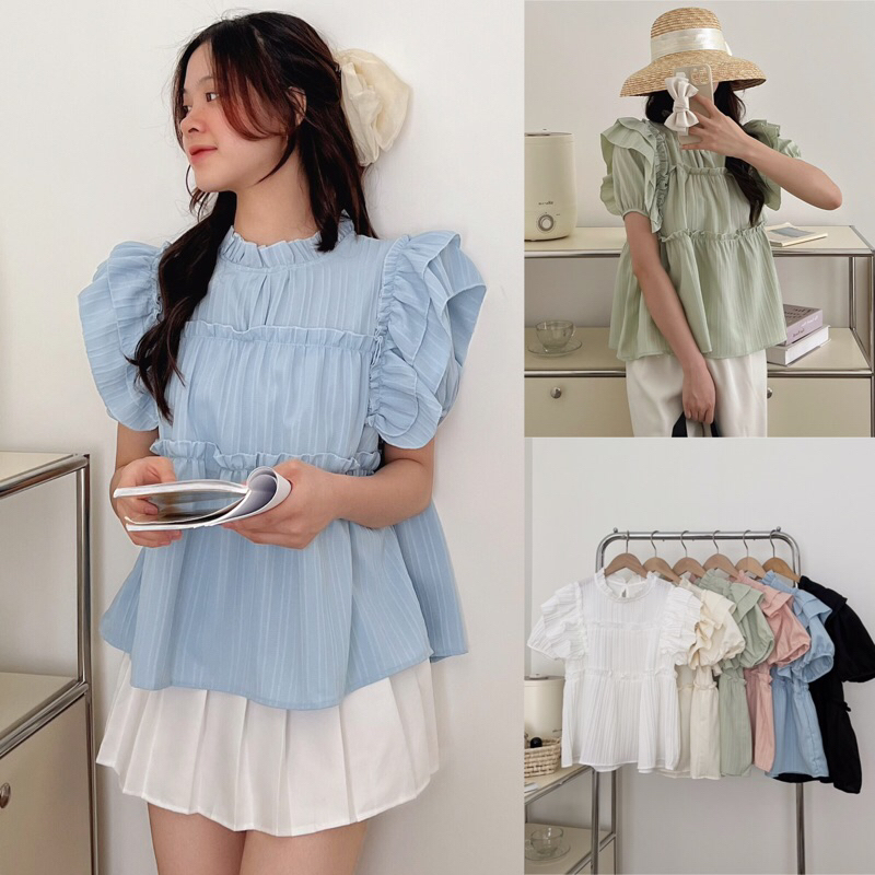 Áo babydoll bèo tầng cánh tiên tay bồng bo chun cổ tròn bèo 6 màu xinh dễ phối đồ